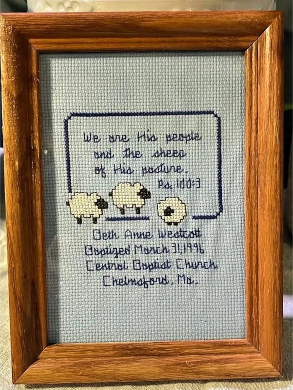 Framed Sheep Cross Stitch Brown Blue
